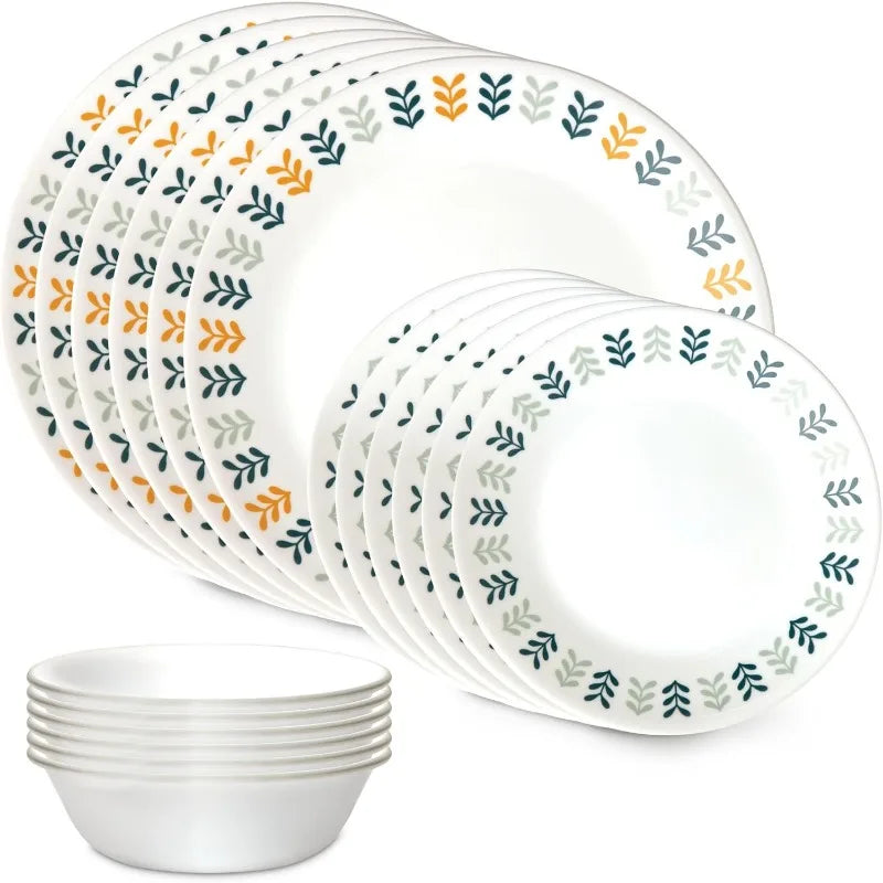 18 Piece Glass Dinnerware Sets, Service for 6, Triple Layer Chip & Crack Resistant Glass Plate and Bowl Sets, Wildflower