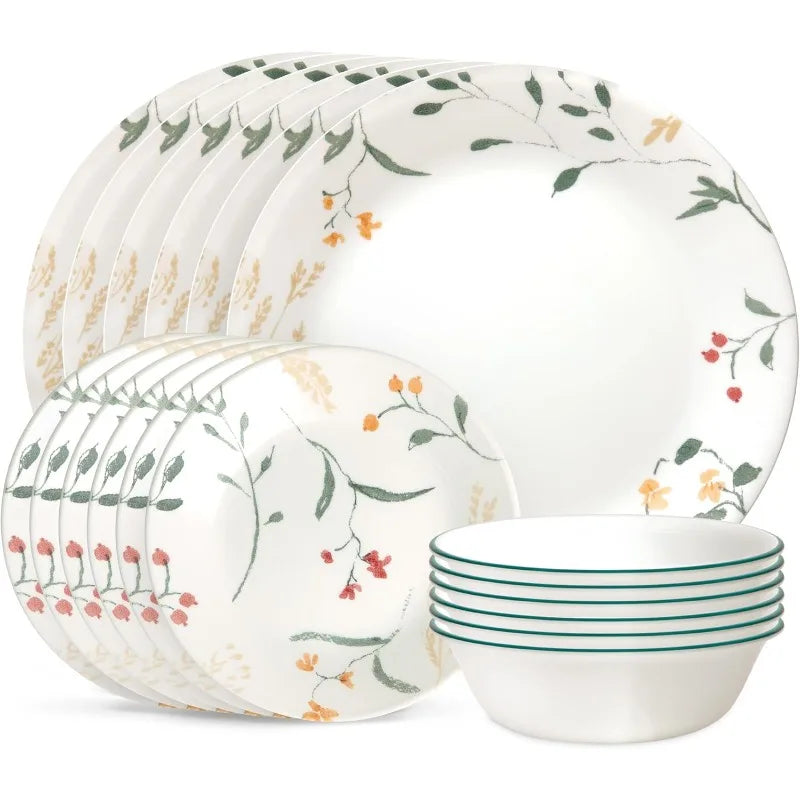 18 Piece Glass Dinnerware Sets, Service for 6, Triple Layer Chip & Crack Resistant Glass Plate and Bowl Sets, Wildflower
