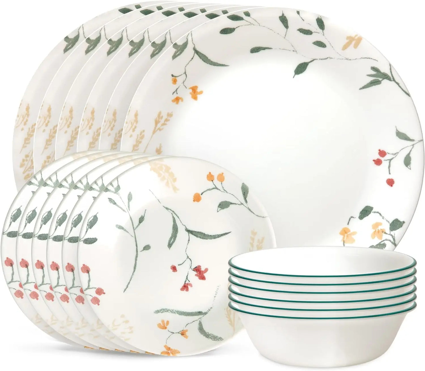 18 Piece Glass Dinnerware Sets, Service for 6, Triple Layer Chip & Crack Resistant Glass Plate and Bowl Sets, Wildflower