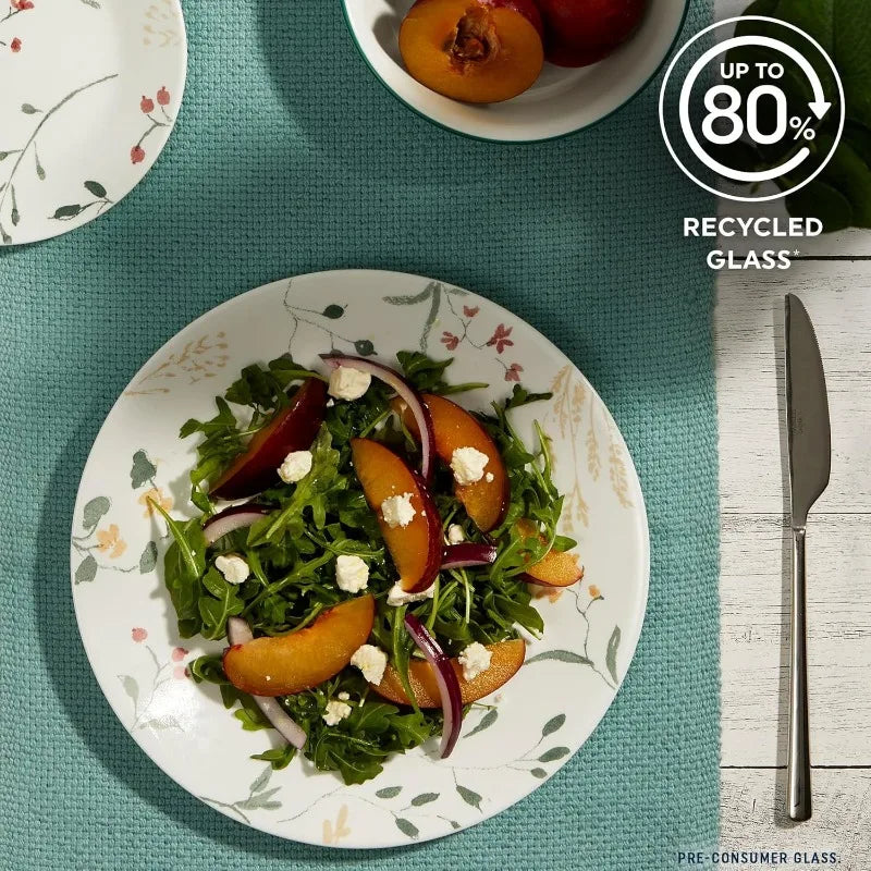 18 Piece Glass Dinnerware Sets, Service for 6, Triple Layer Chip & Crack Resistant Glass Plate and Bowl Sets, Wildflower