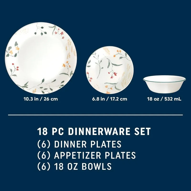 18 Piece Glass Dinnerware Sets, Service for 6, Triple Layer Chip & Crack Resistant Glass Plate and Bowl Sets, Wildflower