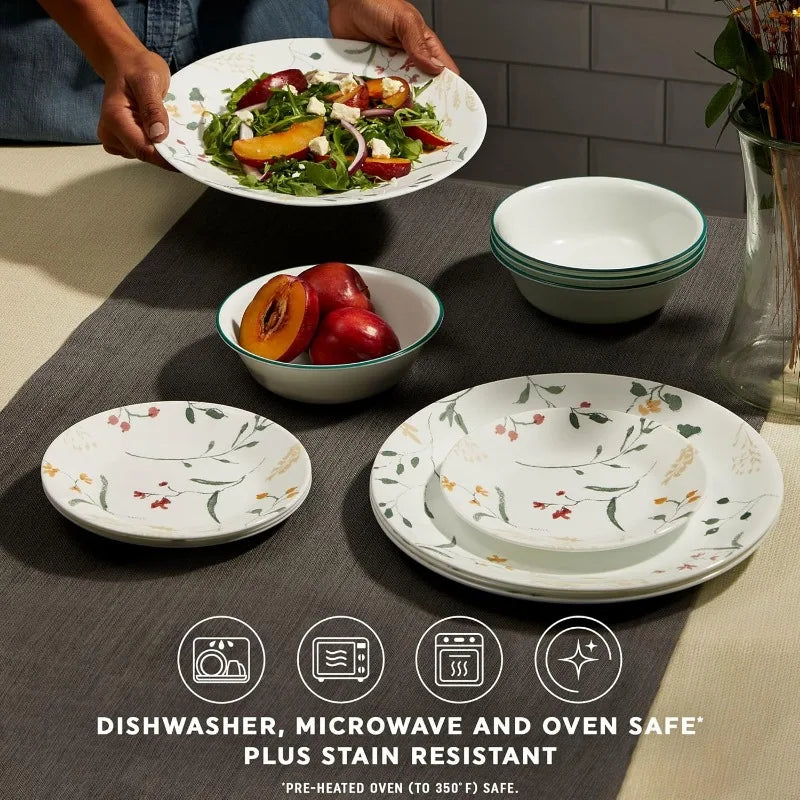18 Piece Glass Dinnerware Sets, Service for 6, Triple Layer Chip & Crack Resistant Glass Plate and Bowl Sets, Wildflower
