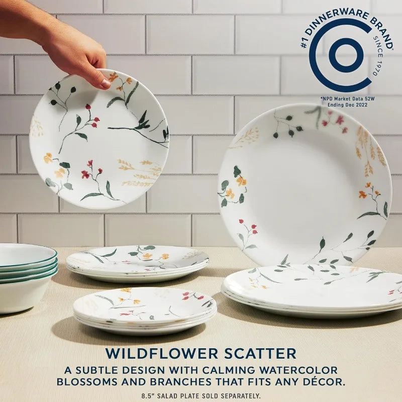 18 Piece Glass Dinnerware Sets, Service for 6, Triple Layer Chip & Crack Resistant Glass Plate and Bowl Sets, Wildflower